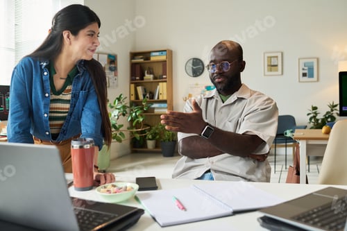 Preview: Woman and Black Man Discussing Project in Modern Office
