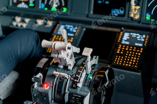Preview: thrust lever in the cockpit of an airplane a close-up view of a flight on an aircraft simulator