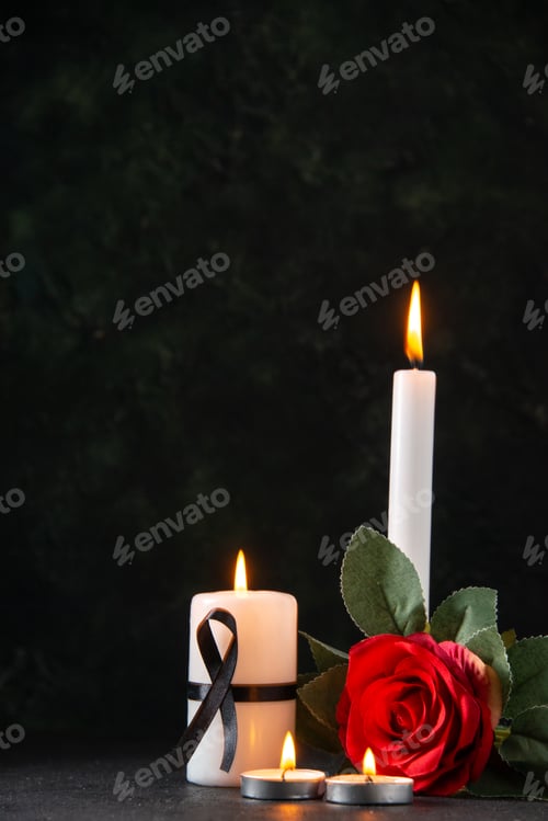Preview: front view of burning candle with red flower on a dark background evil funeral death