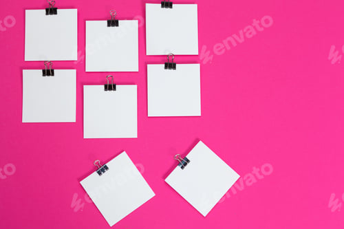 Preview: mock up concept. cards Papers on pink background. Top view, flat lay, copy space