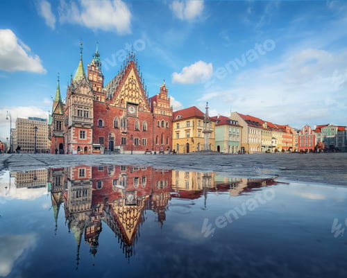 Preview: Wroclaw, Poland. Town Hall building reflecting in puddle