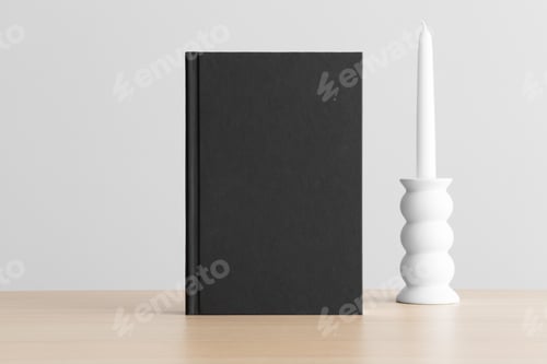 Preview: Black book mockup with a candle decoration on the wooden table.