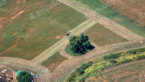 Preview: Aerial View of a tractor cutting the green grass field in a farm