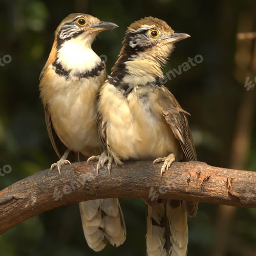 Preview: Greater-necklaced Laughingthrush perched on a branch in a forest with soft sunlight