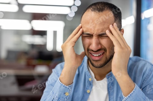 Preview: A close-up photo of a Muslim young man sitting in the office behind the workplace and hunched over