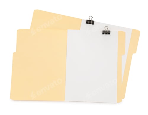 Preview: Two file folders with papers isolated on white, top view