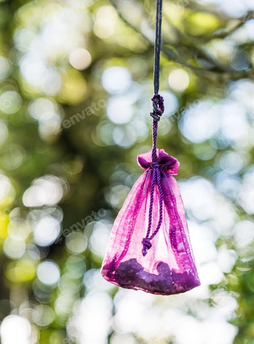 Preview: Wicca purple offering bag hanging from the trees around The Rollright Stones circle