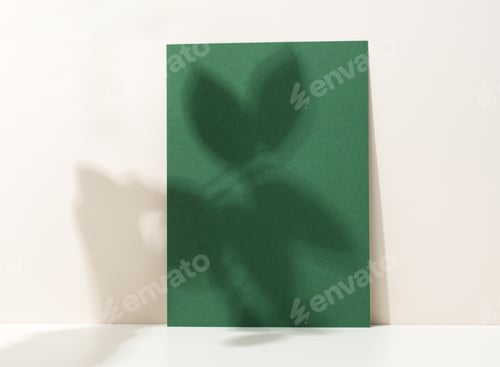 Preview: Blank cardboard sheet of paper with shadow on white table. Template for flyer, announcement