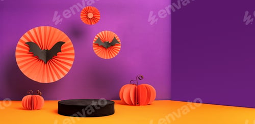 Preview: Product Display halloween decor party holiday studio set up in orange and violet color background