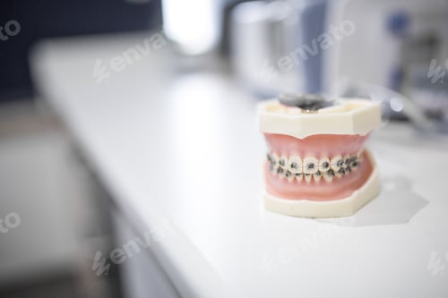 Preview: Selective focus shot of dental teeth model with braces in a dentist clinic