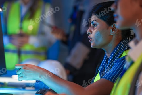 Preview: A happy, diverse team of engineers in safety vests collaborates at night.