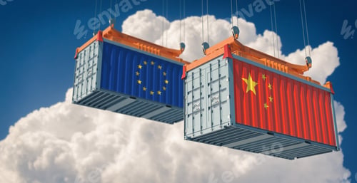 Preview: Two freight container with European Union and China flag