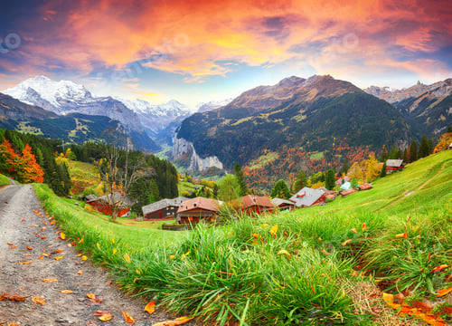 Preview: Fabulous autumn view of picturesque alpine Wengen village and Lauterbrunnen Valley