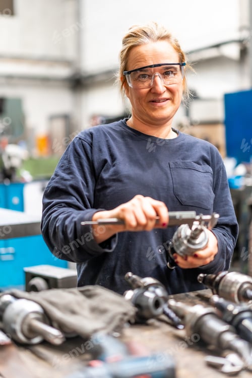 Preview: Female factory worker operator working in numerical control sector measuring drill bits