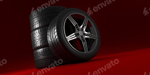 Preview: Car wheels set on red background. Poster design. Stack. 3d illustration.