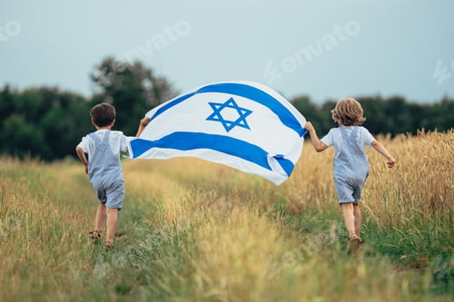 Preview: Happy Israeli Jewish Little Boys Runs With Israel National Flag. Independence