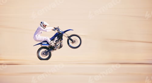 Preview: Race, motorbike stunt and person in desert, action and extreme sport, speed riding outdoor and mock