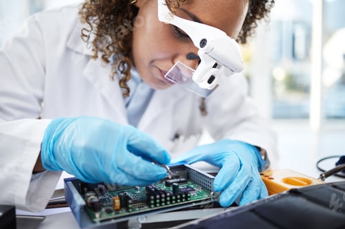 Preview: Computer hardware, programming and black woman electrician working on cpu, circuit and microchip. I
