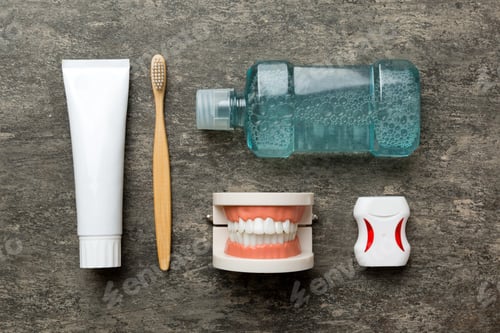 Preview: Mouthwash and other oral hygiene products on colored table top view with copy space