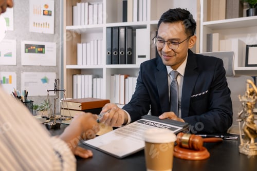 Preview: A professional lawyer discussing legal matters with a client in an office
