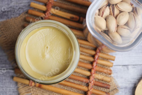 Preview: Creamy pistachio spread in glass jar on rustic surface