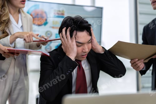 Preview: Stressed overwhelmed business worker feels tired at work overload exhausted suffering from headache
