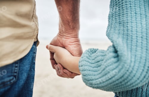 Preview: family, beach and father holding hands with kid in support, child care trust and love while enjoy p