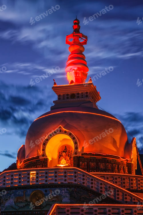 Preview: Shanti stupa illuminated in the evening twilight. Leh, Ladakh
