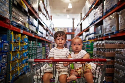 Preview: Two young children sitting in a shopping cart inside a warehouse store