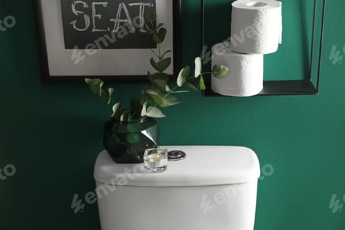 Preview: Decor elements, paper rolls and toilet bowl near green wall. Bathroom interior