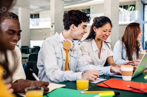 Preview: Multiracial college students preparing exams sitting together at cafeteria