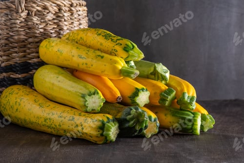 Preview: Yellow-green leopard-spotted zucchini. Vegetables on the table. Zucchini harvest.