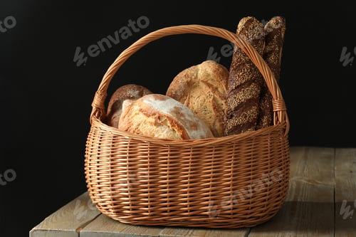 Preview: Wicker basket with different types of fresh bread on wooden table