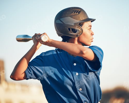 Preview: Game, baseball player or black woman with a bat, exercise or training with power strike, hit or swi