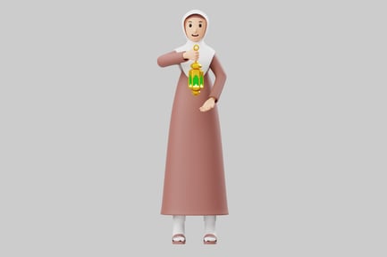 Preview: Woman in a pink dress and white headscarf holding a lantern