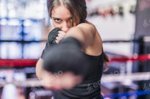 Preview: Determined Woman Boxing in Gym with Hand Wraps