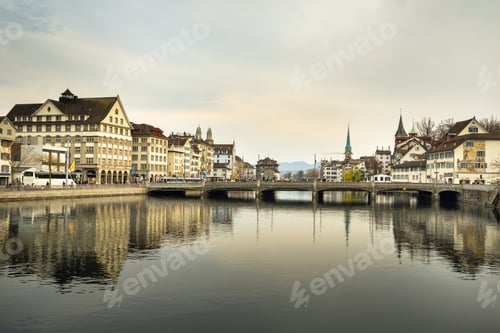 Preview: April 02, 2019 .Zurich.Switzerland. Limmat River and embankment with bridge in the city center of