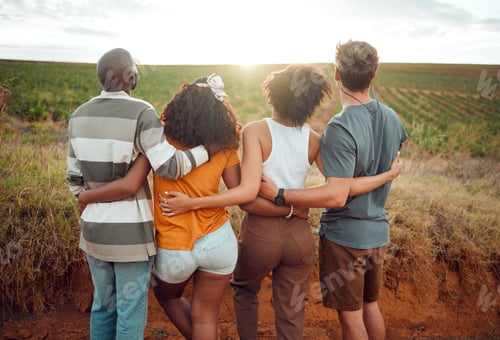 Preview: Vineyard, ecology and travel people hug on sustainability farm for nature journey, countryside expe
