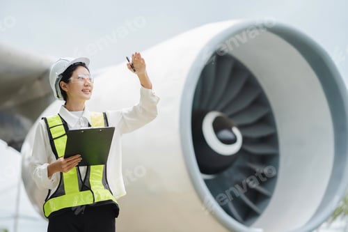 Preview: Woman engineer in white hardhat standing and holding tablet working