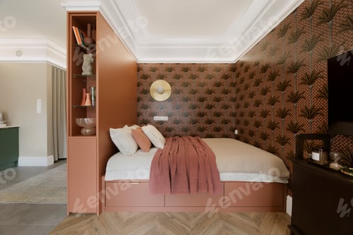 Preview: Warm and cozy composition of bedroom with big bed and personal accessories. Home decor. Template.