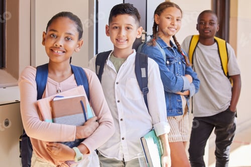 Preview: Children, education and school with books and learning portrait, waiting for class and happy to lea