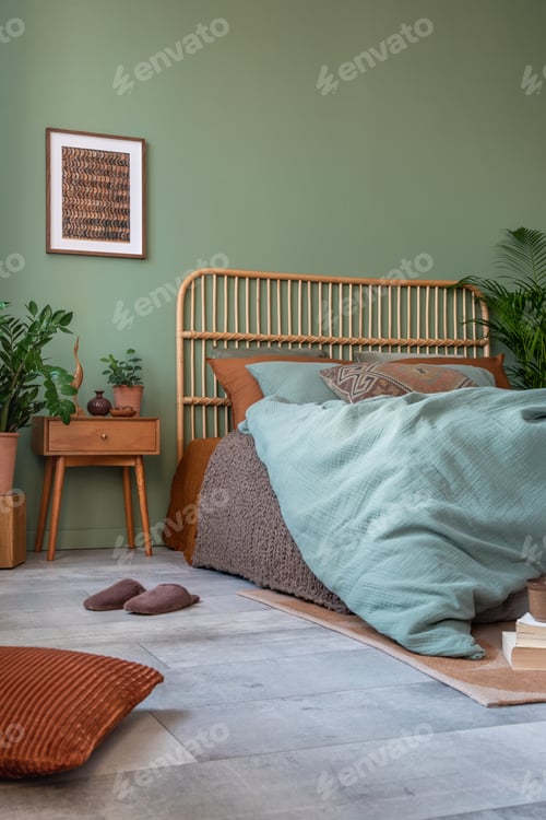 Interior of a bedroom with bamboo headboard