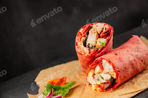 Preview: Shawarma wrap chicken and vegetables pink lavash doner kebab tasty snack fresh food