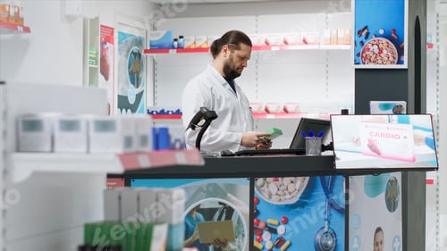 Preview: Male pharmacist using scanner to register new stock at counter