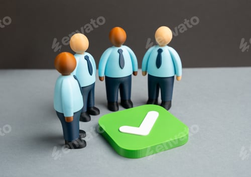 Preview: Office workers gathered around a green checkmark. Compromise and agreement.