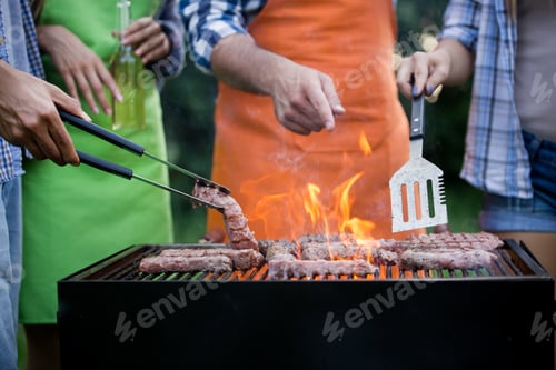 Preview: Handsome male preparing barbecue outdoors for friends