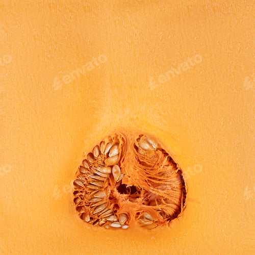 Preview: Halloween creative pumpkin layout. Texture of a sliced pumpkin with innards.
