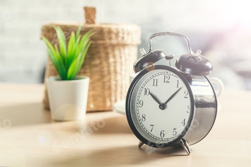 Preview: Old-fashioned alarm clock and house plant on wooden table