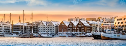 Preview: Tromso harbor at sunset in winter, Norway.
