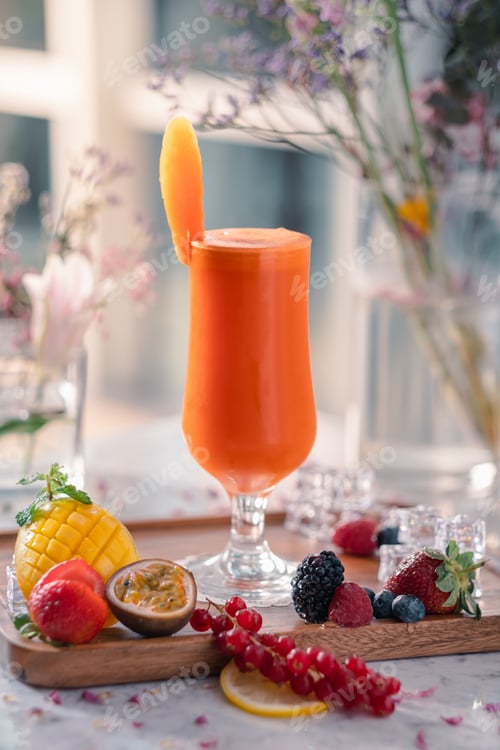 Preview: A vertical shot of a freshly made carrot juice on a wooden board